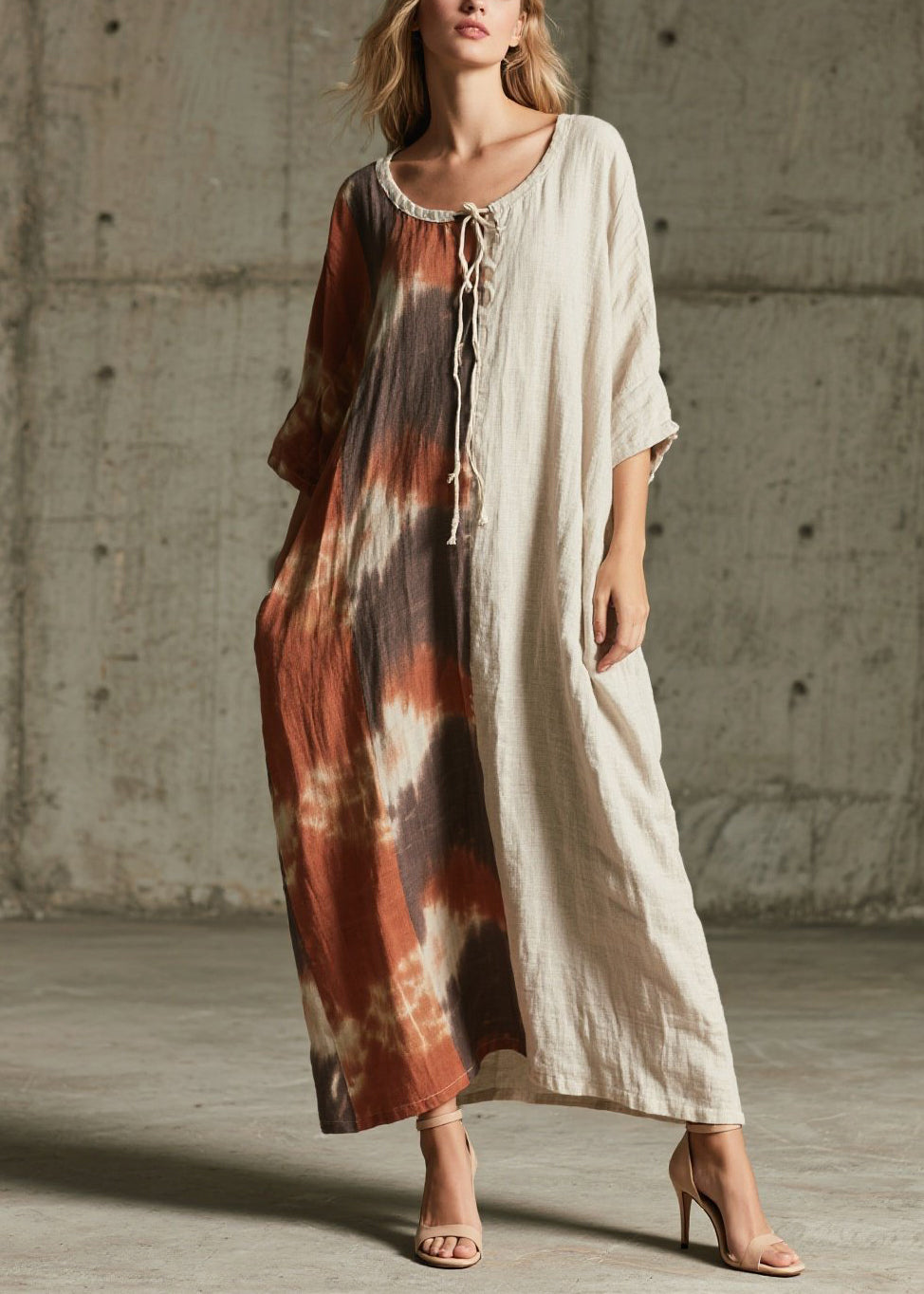 Round Neck Keyhole Tie Dye Panel Pocket Oversized Maxi Dress