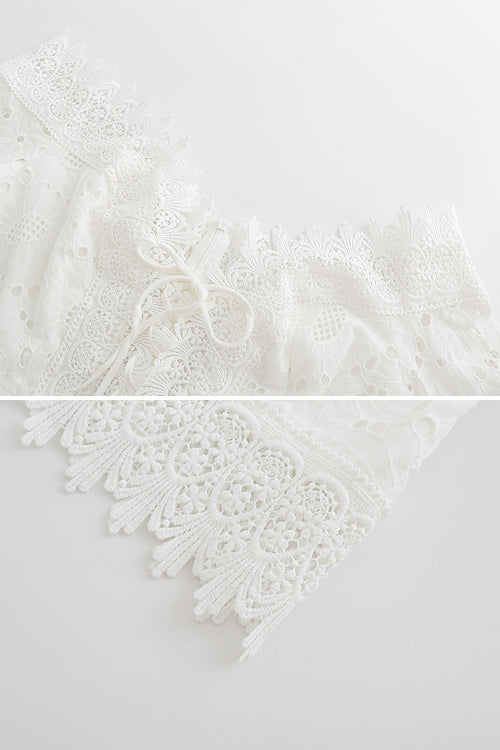 Off Shoulder Floral Eyelet Lace Up Balloon Sleeve Scalloped Mini Dress
