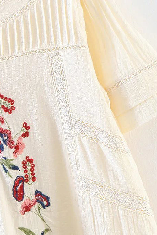 Mock Neck Flutter Sleeve Pintuck Floral Embroidery Eyelet Trim Mini Dress