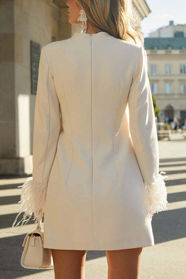 Mock Neck Long Sleeve Ostrich Feather Cuff Structured Shift Mini Dress