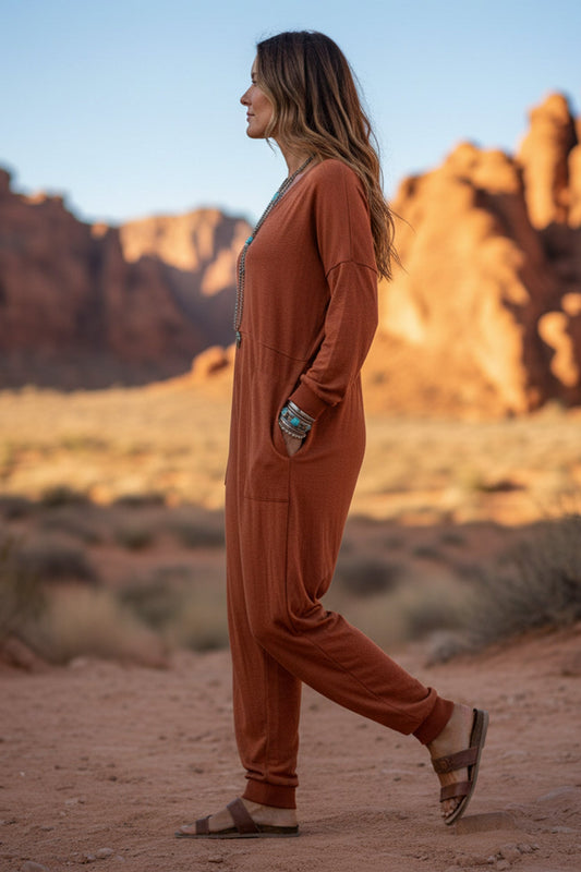 V Neck Drop Shoulder Pocket Jumpsuit