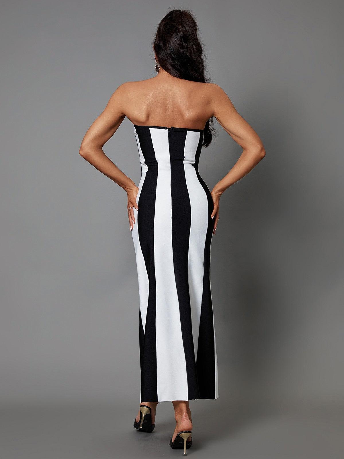 Strapless Vertical Stripe Bandage Column Maxi Dress