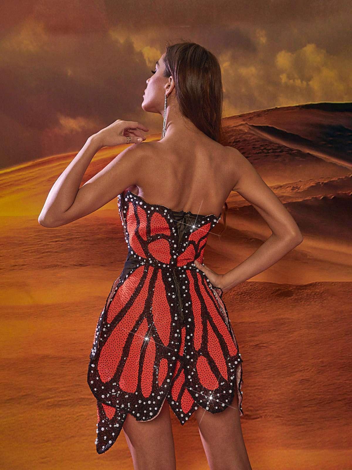Strapless Sweetheart Butterfly Wing Bead Trim Glitter Mini Dress