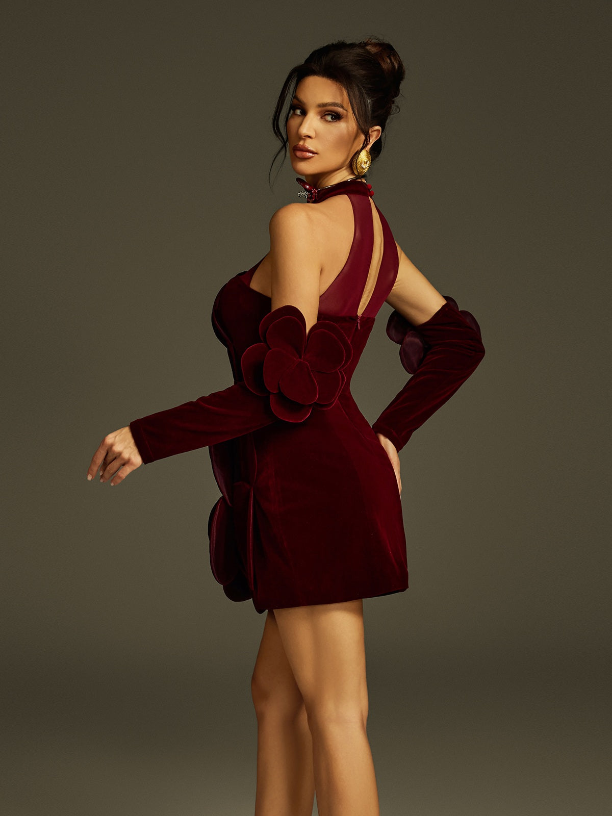 Halter High Neck Mesh Yoke 3D Velvet Flower Applique Detached Sleeve Mini Dress