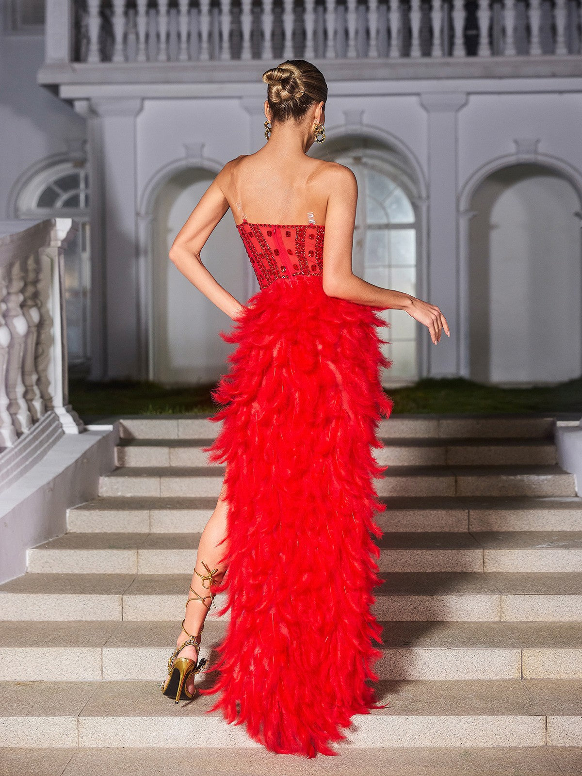 Strapless Rhinestone Beaded Bodice Feather Skirt High Slit Maxi Gown