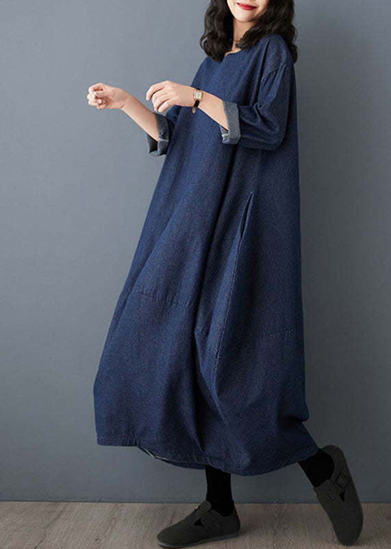 Round Neck Drop Shoulder Lantern Silhouette Denim Maxi Dress