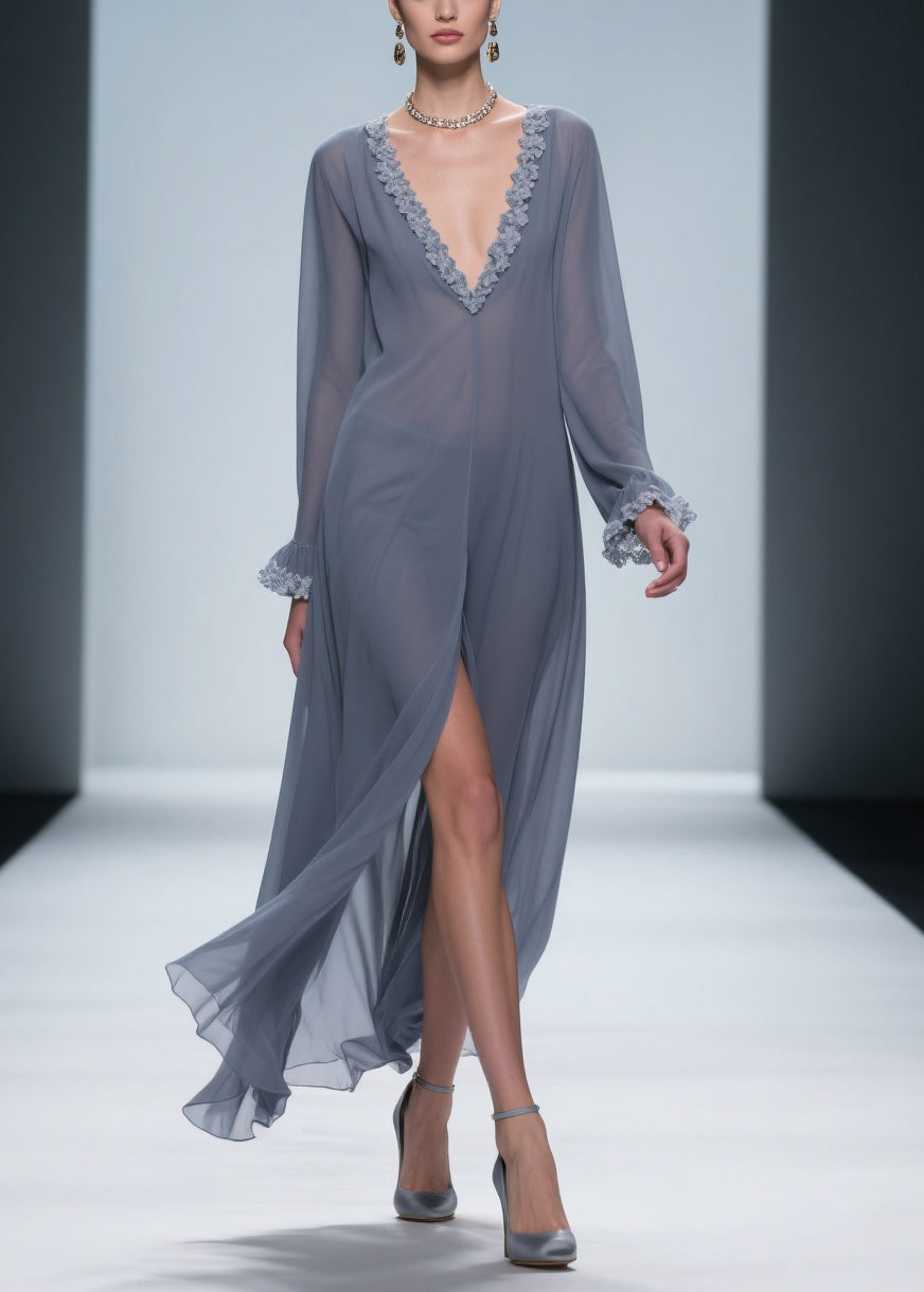 Deep V-Neck Lace Applique Bishop Sleeve Front Slit Sheer Chiffon Maxi Gown