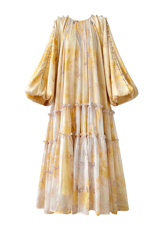 Abstract Watercolor Print Button Detail Lantern Sleeve Maxi Dress
