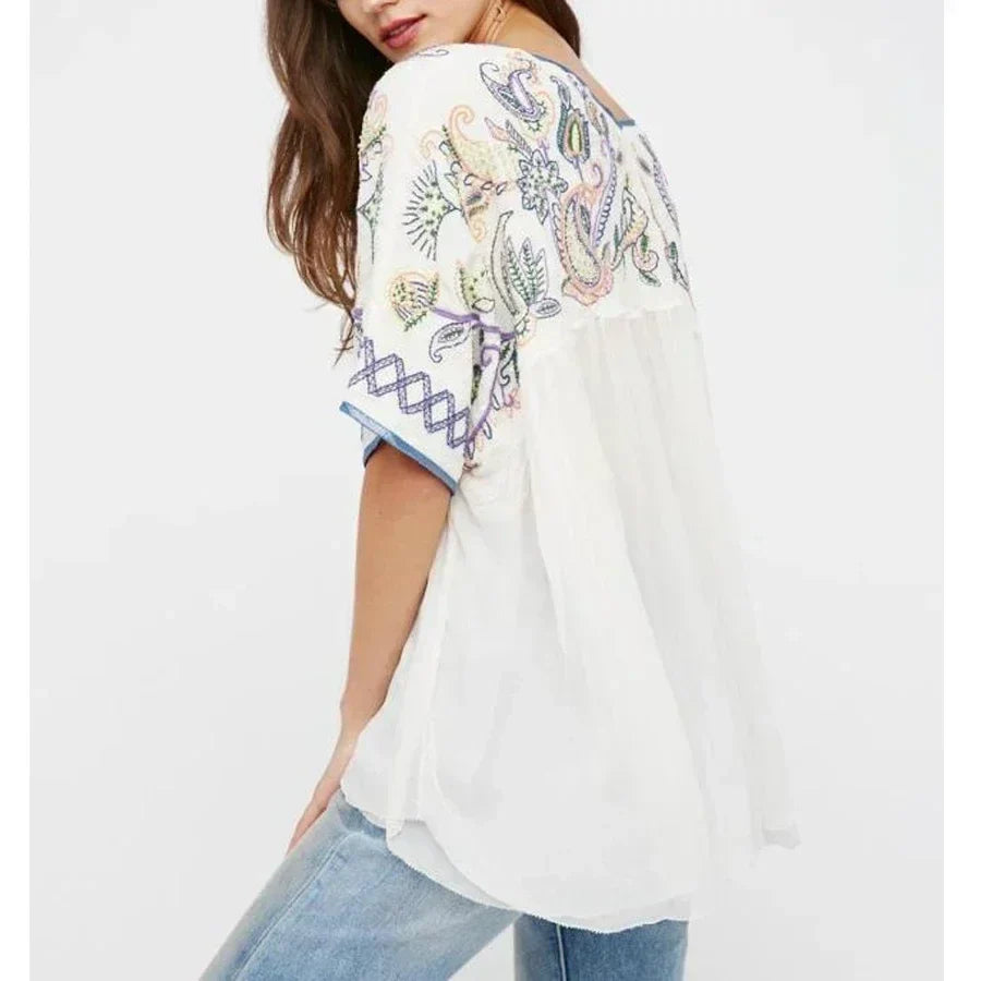 White Cotton Rayon Beaded Floral Embroidered Boho Blouse