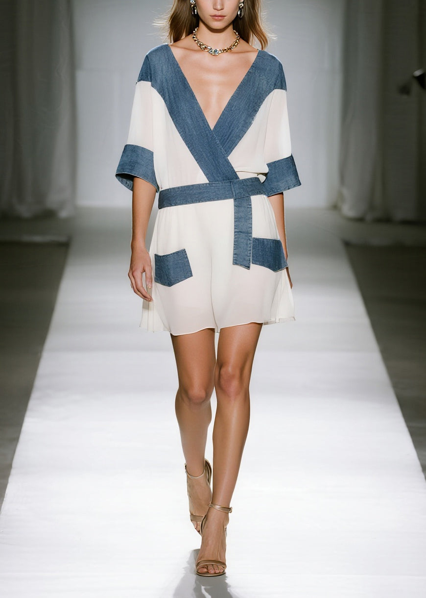 Kimono Sleeve Wrap Mini Dress with Denim Panel Belt and Patch Pockets
