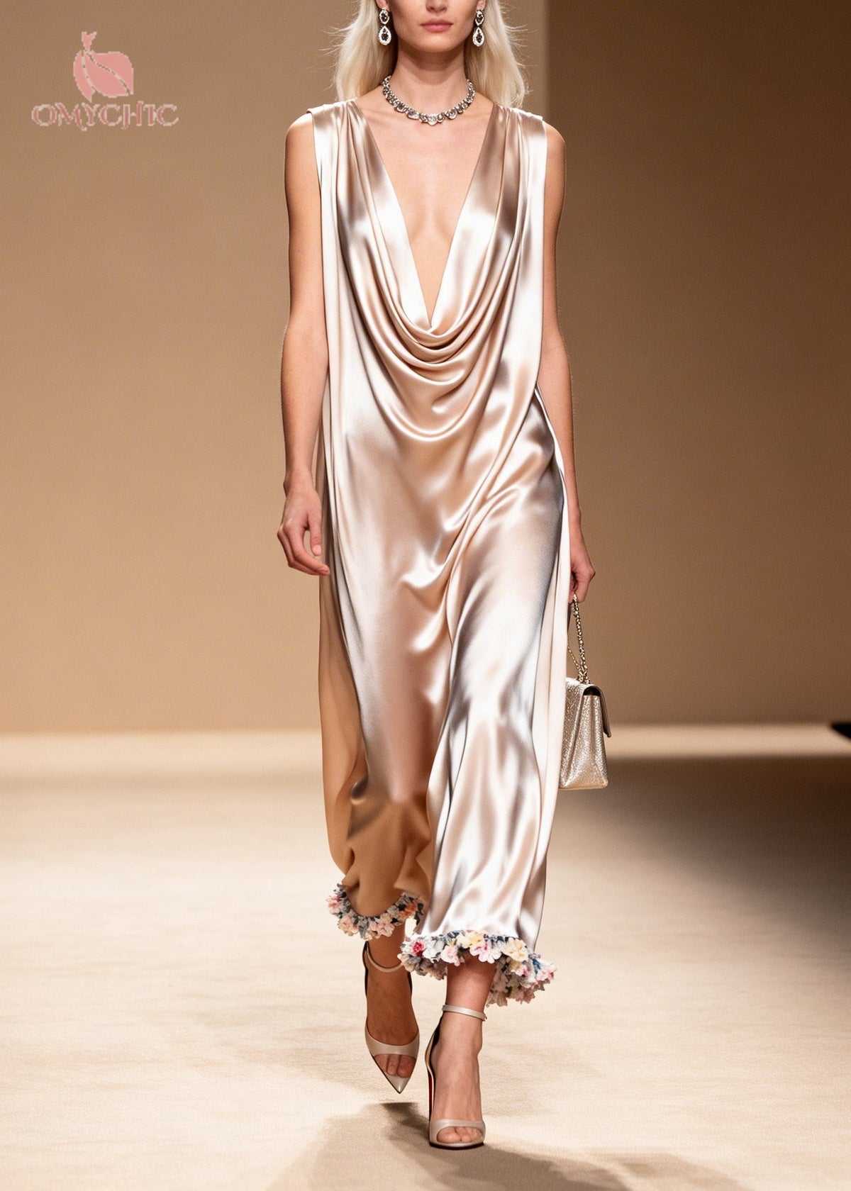 Cowl Neck Sleeveless Draped Satin Wide-Leg 3D Floral Hem Jumpsuit