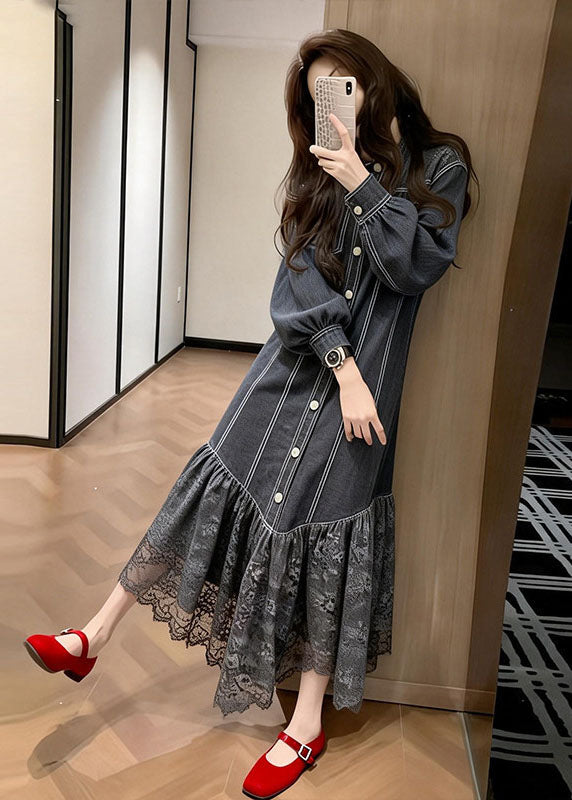 Pinstripe Button Front Puff Sleeve Lace Tier Hem Midi Dress