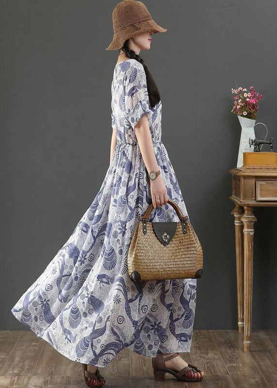V-Neck Short Sleeve Drawstring Waist Bird Print Linen Maxi Dress