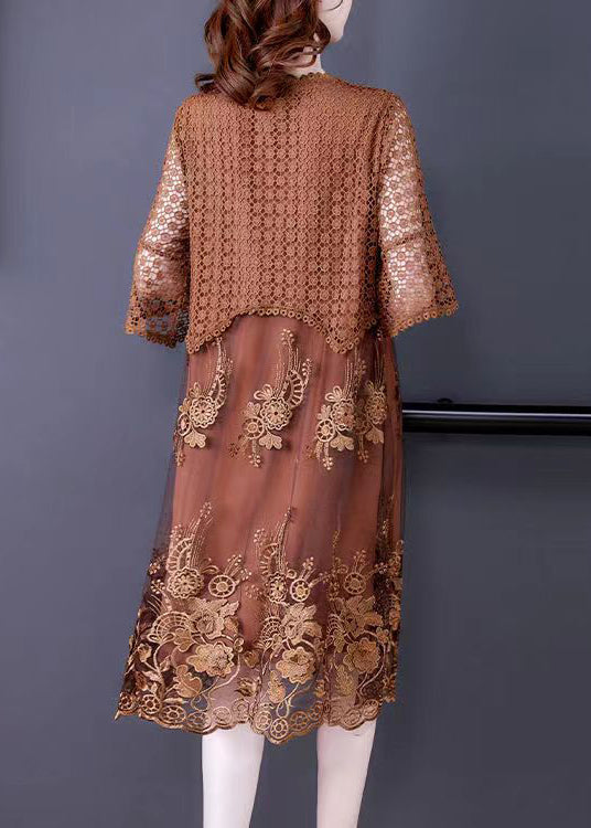 Round Neck Embroidered Lace Half Sleeve Vacation Midi Dress