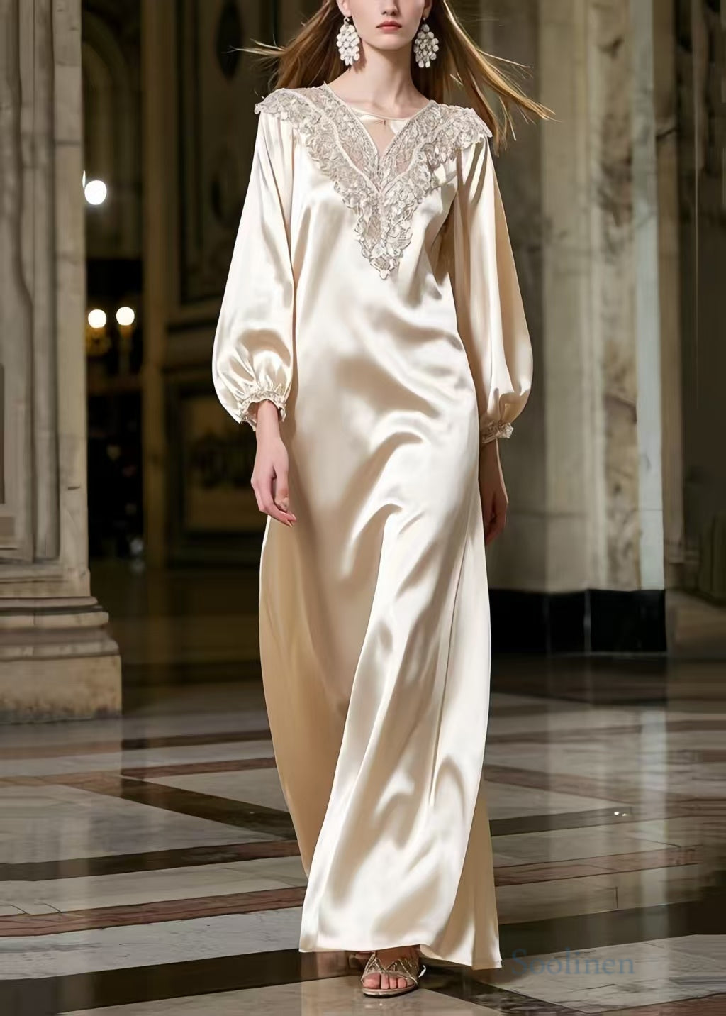 Deep V-Neck Lace Embroidery Lantern Sleeve Satin Floor-Length Gown