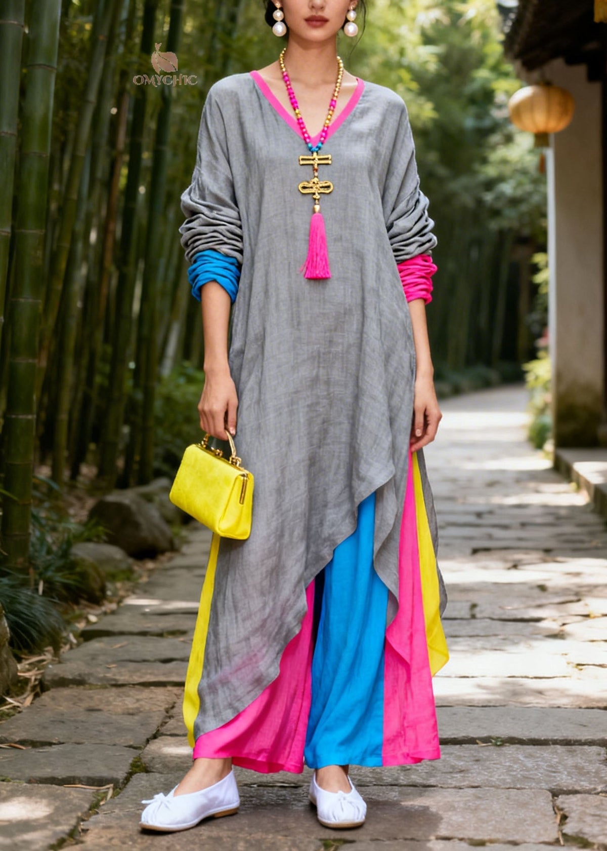 V-Neck Colorblock Patchwork Handkerchief Hem Oversized Maxi Tunic Dress