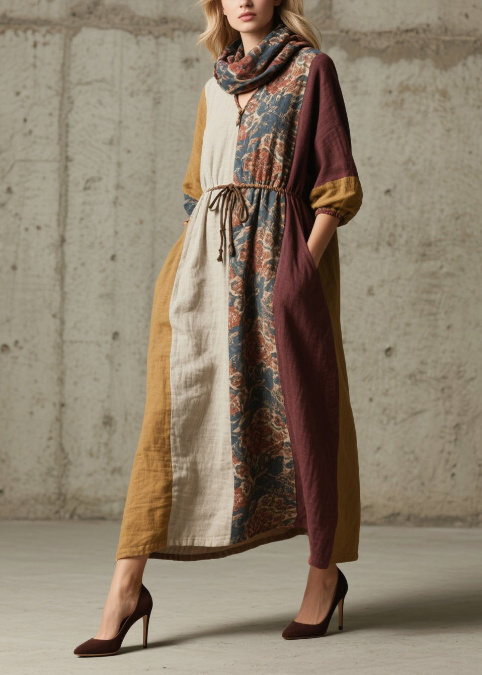 Deep V-Neck Scarf Tie Drawstring Waist Floral Panel Pocket Maxi Dress