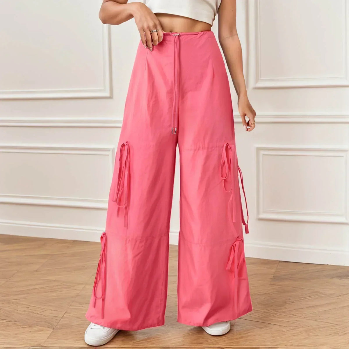 Pleated Wide Leg Sports Bow Tie Pants