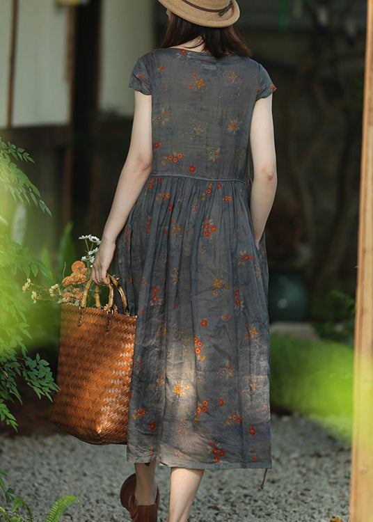 Round Neck Lace Up Pocket Print Linen Midi Dress