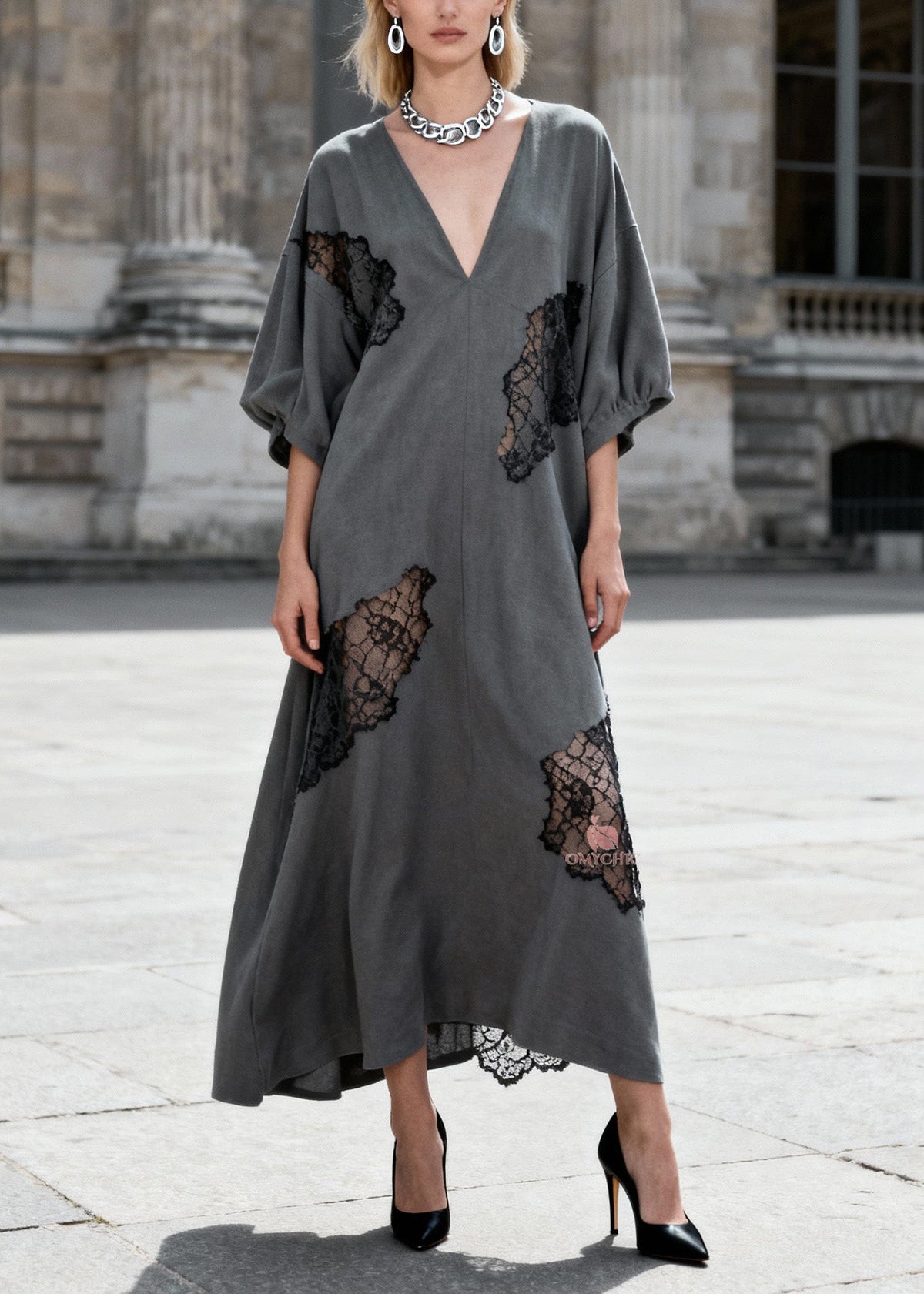 Deep V-Neck Puff Sleeve Floral Lace Insert Scalloped Hem Maxi Kaftan Dress