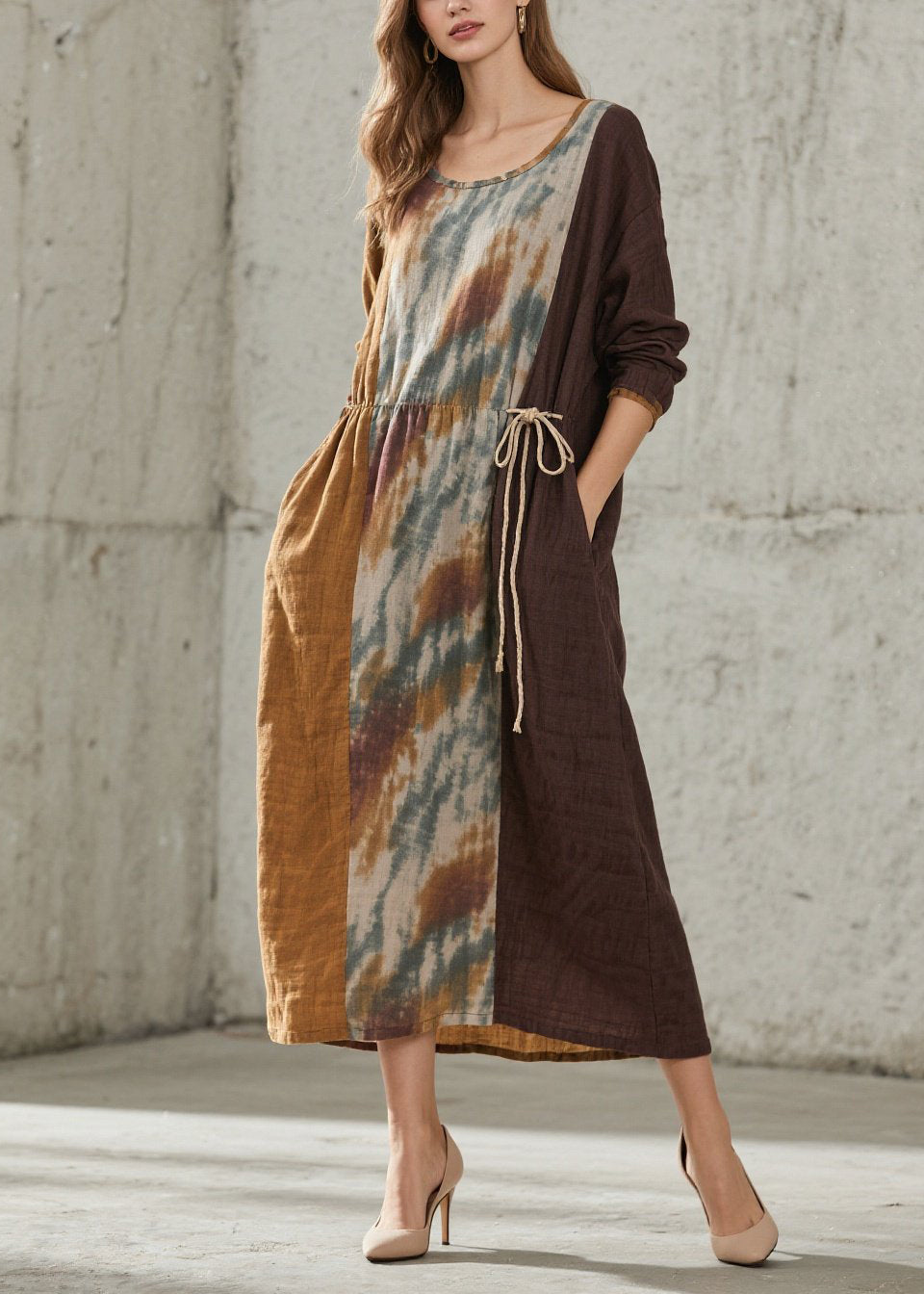Round Neck Drawstring Waist Center Batik Panel Linen Midi Dress