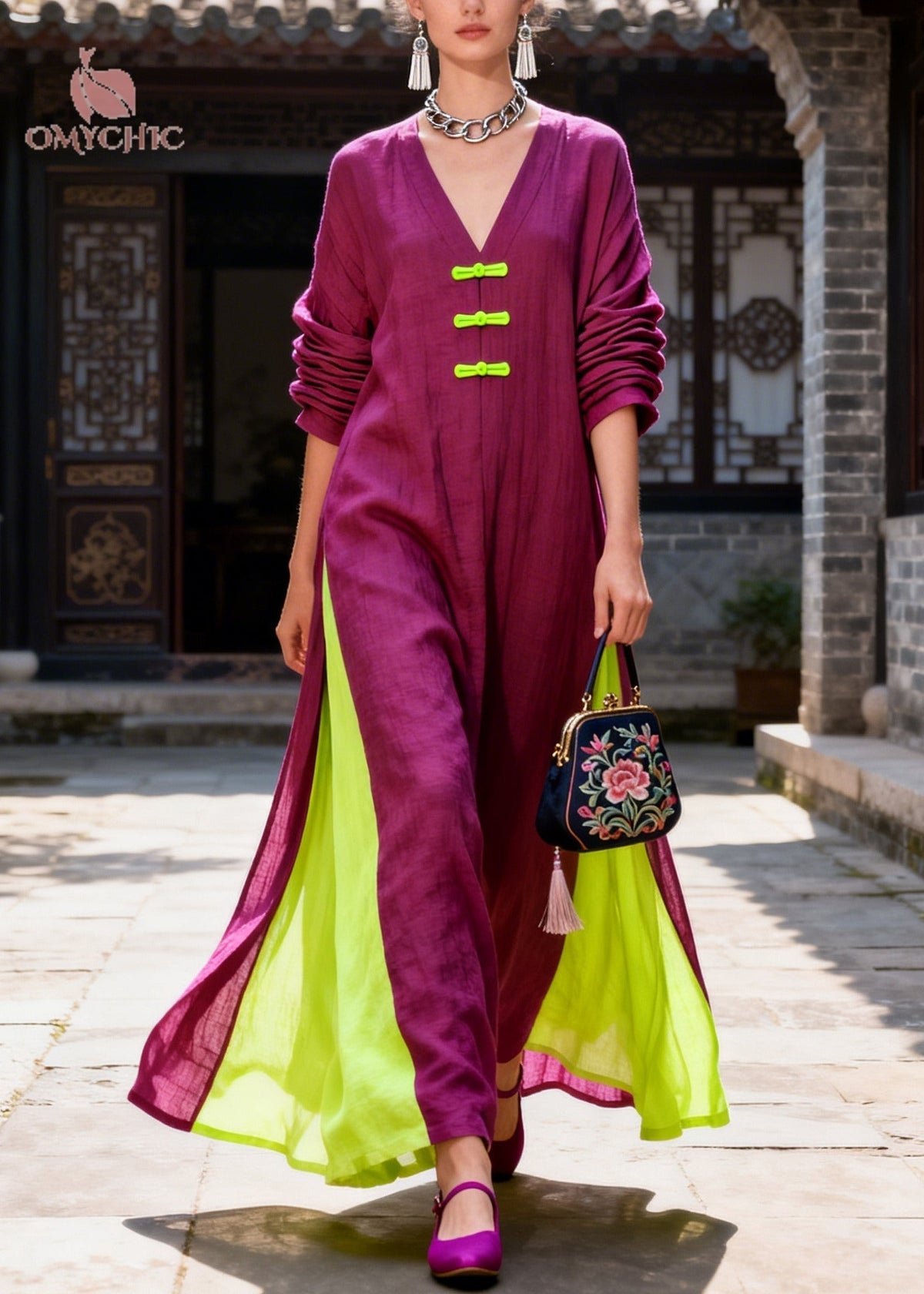 Deep V-Neck Frog Button High Side Slit Wide Leg Linen Maxi Dress