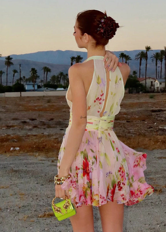 Halter Deep V-Neck Ruched Waist Tiered Ruffle Floral Mini Dress