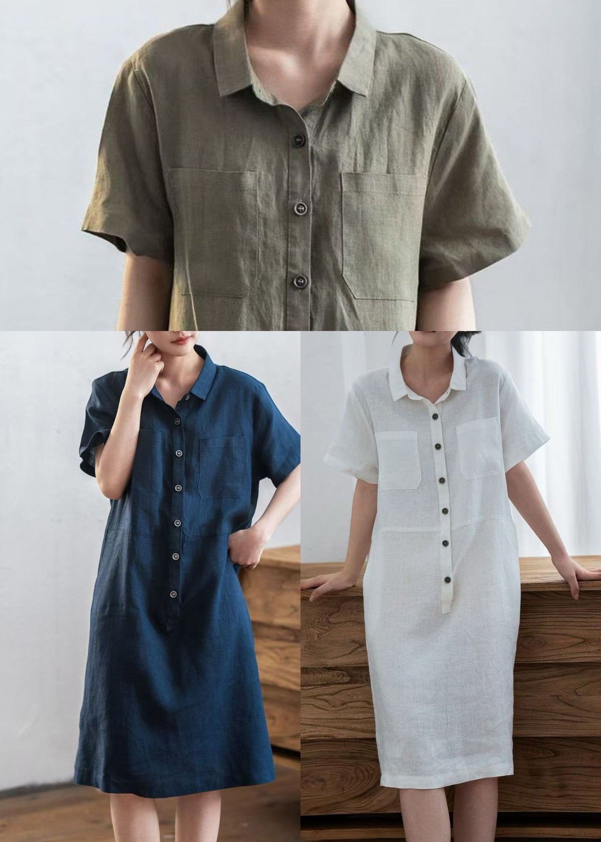 Point Collar Button Down Patch Pocket Linen Shirt Midi Dress