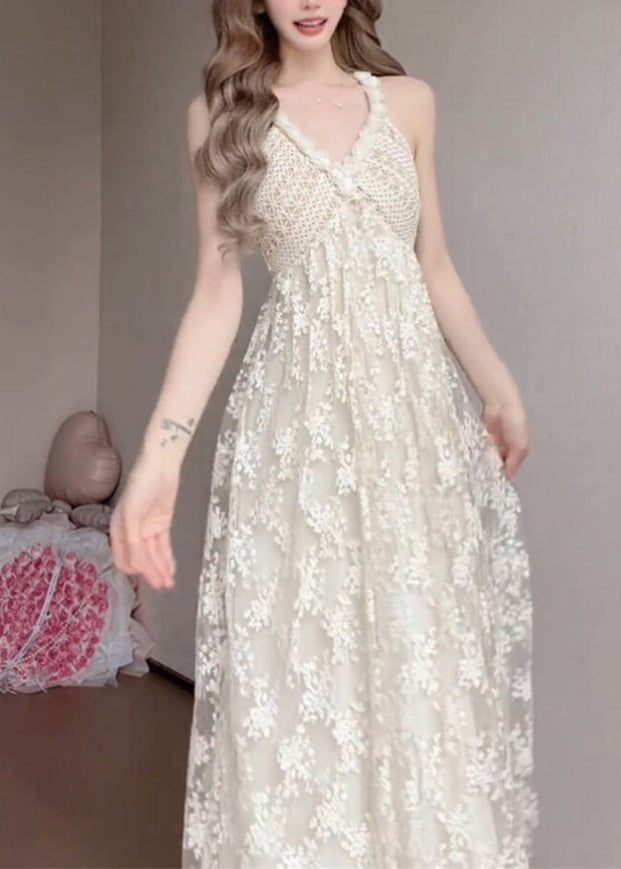 Deep V Halter Crochet Bodice Floral Lace Overlay A Line Maxi Gown