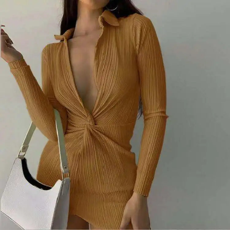 Plisse Collared Deep V-Neck Twist Waist Long Sleeve Jumpsuit