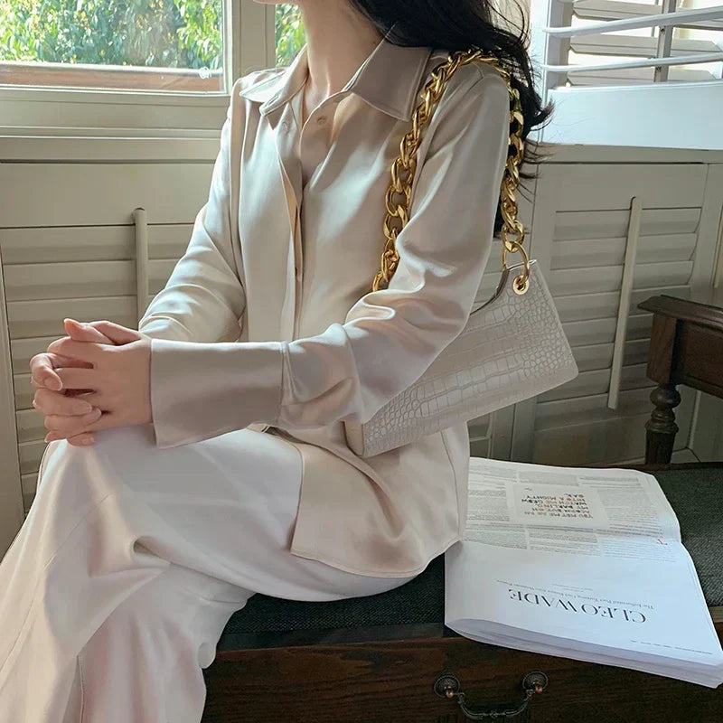Satin Long Sleeve French Style Office Lady Blouse