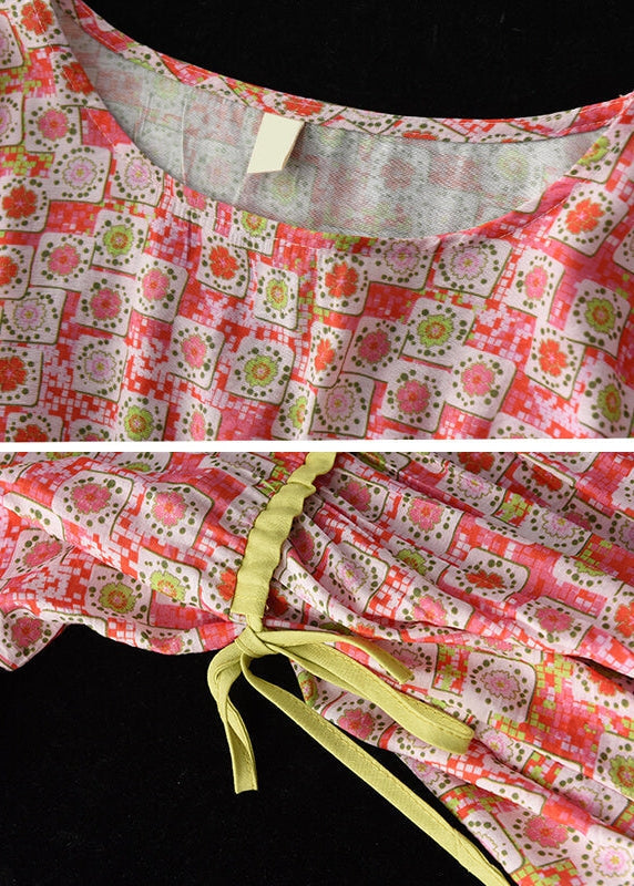 Round Neck Drawstring Waist Watercolor Polka Dot Midi Dress
