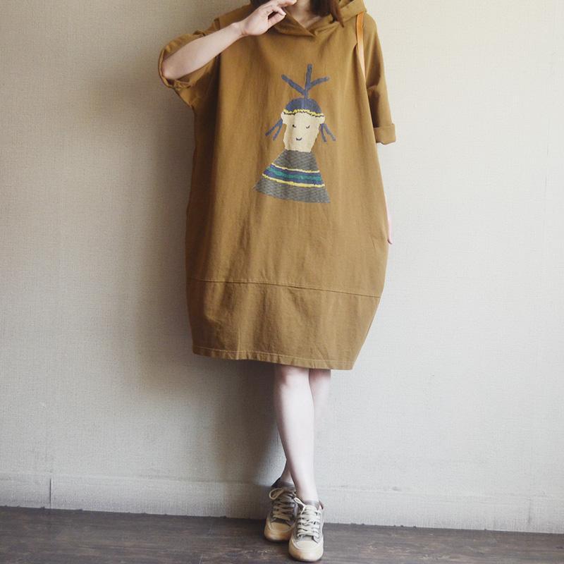 Hooded Elbow Sleeve Folk Art Graphic Oversized Sweatshirt Dress