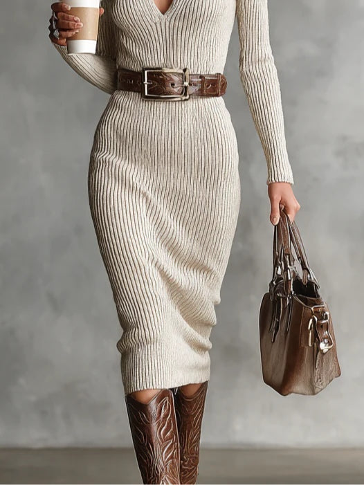 Rib Knit Stand Collar Deep V Belted Midi Dress Set