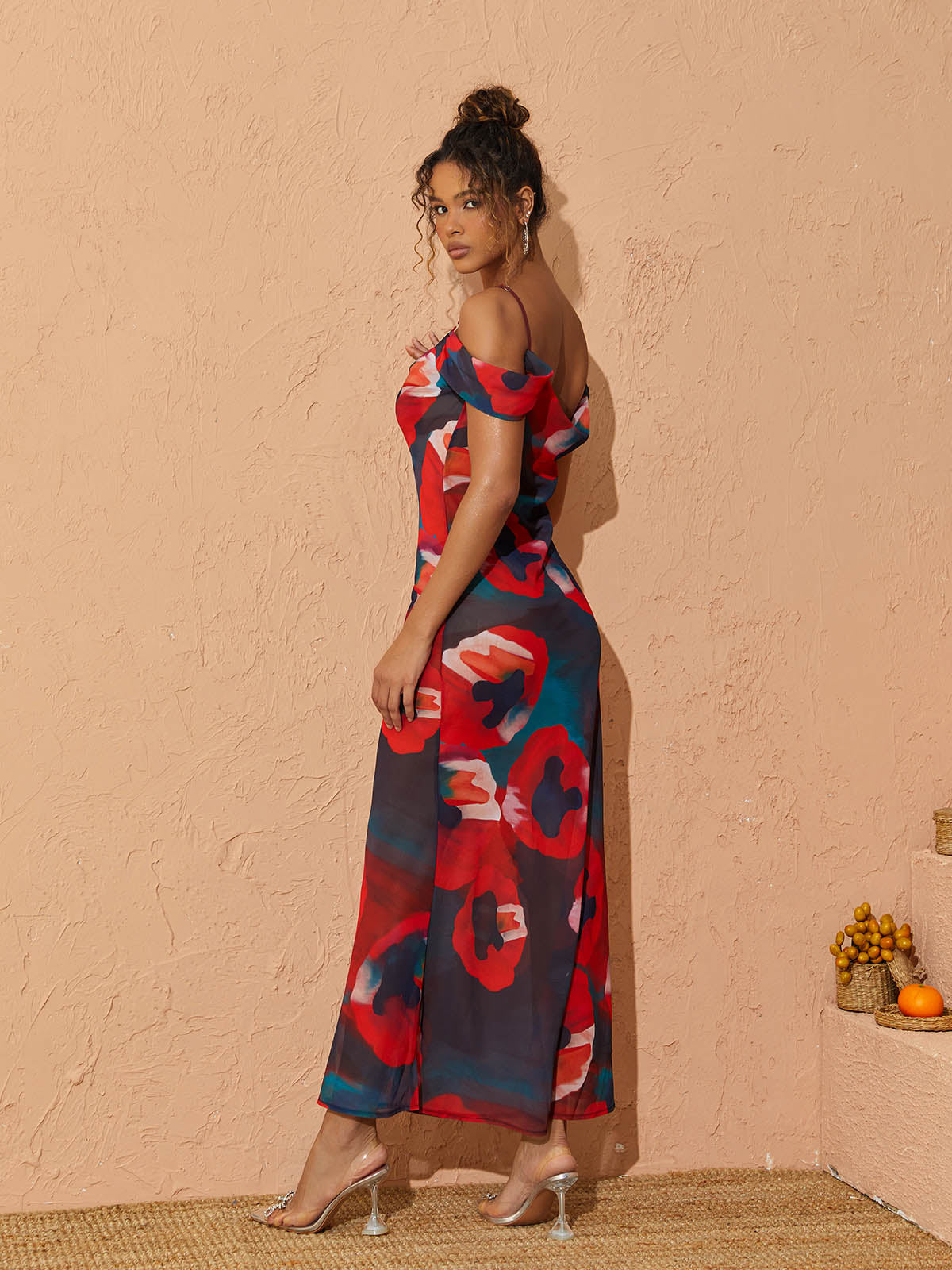 Spaghetti Strap Cold Shoulder Abstract Floral Bodycon Maxi Dress