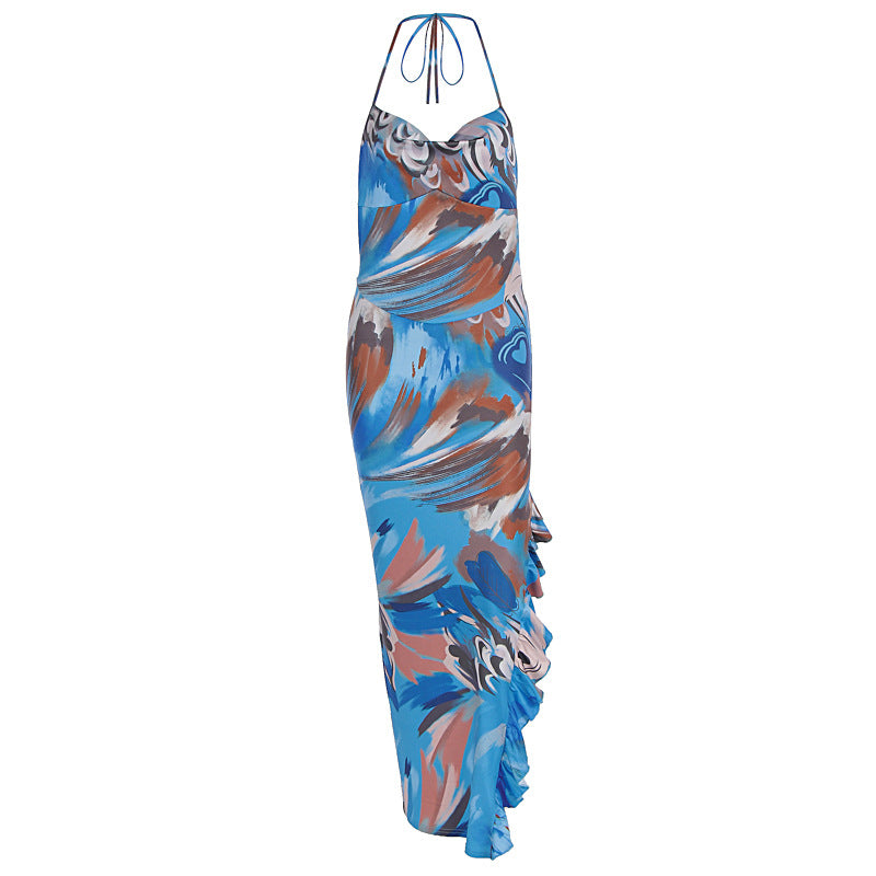 Abstract Print Corset Bodice Ruffle Slit Mesh Maxi Dress