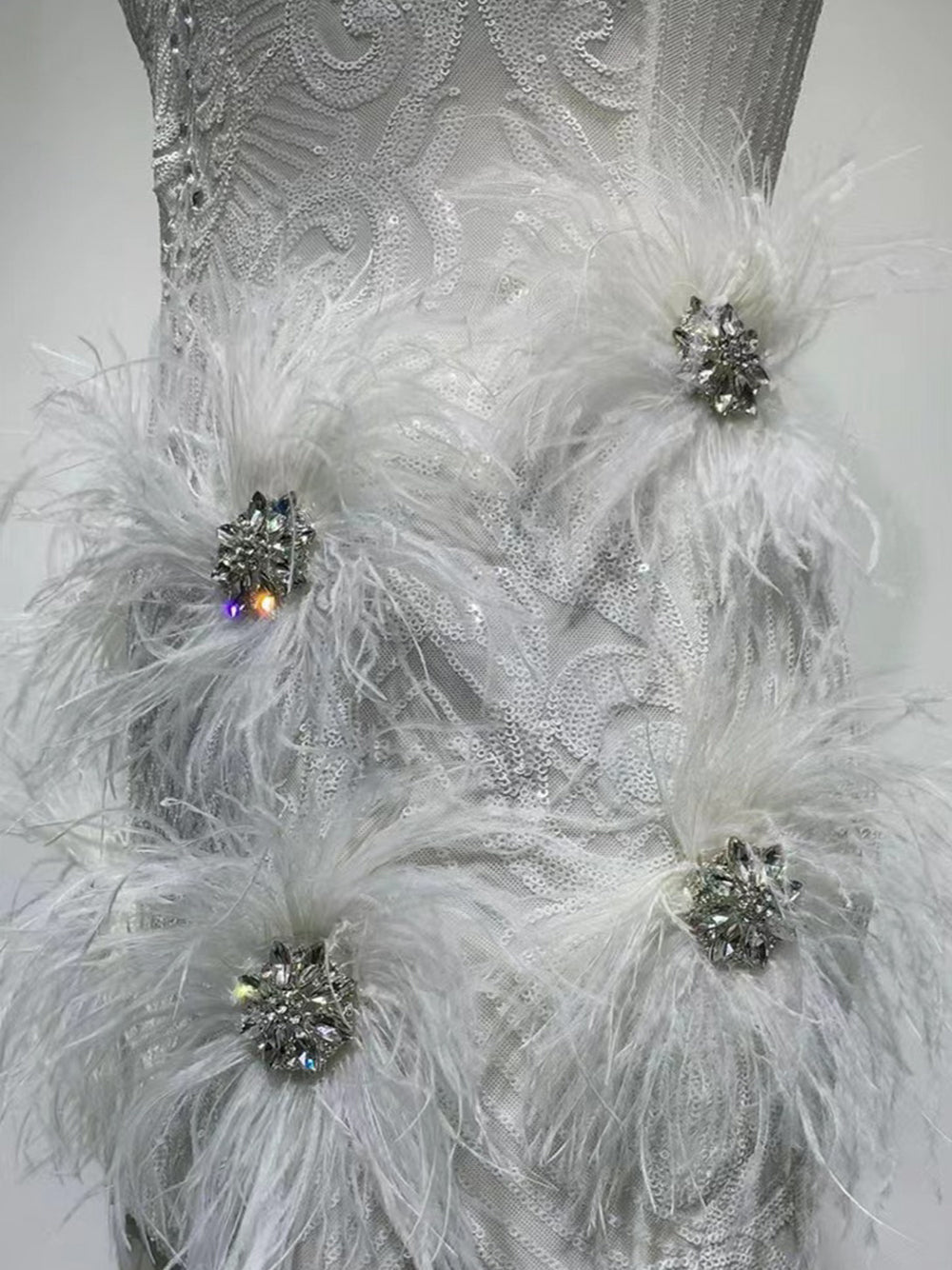 Deep V Neck Crystal Brooch Ostrich Feather Beaded Baroque Mini Dress