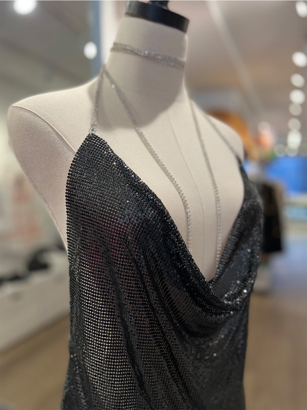 Rhinestone Chain Halter Cowl Neck Chainmail High Slit Mini Dress