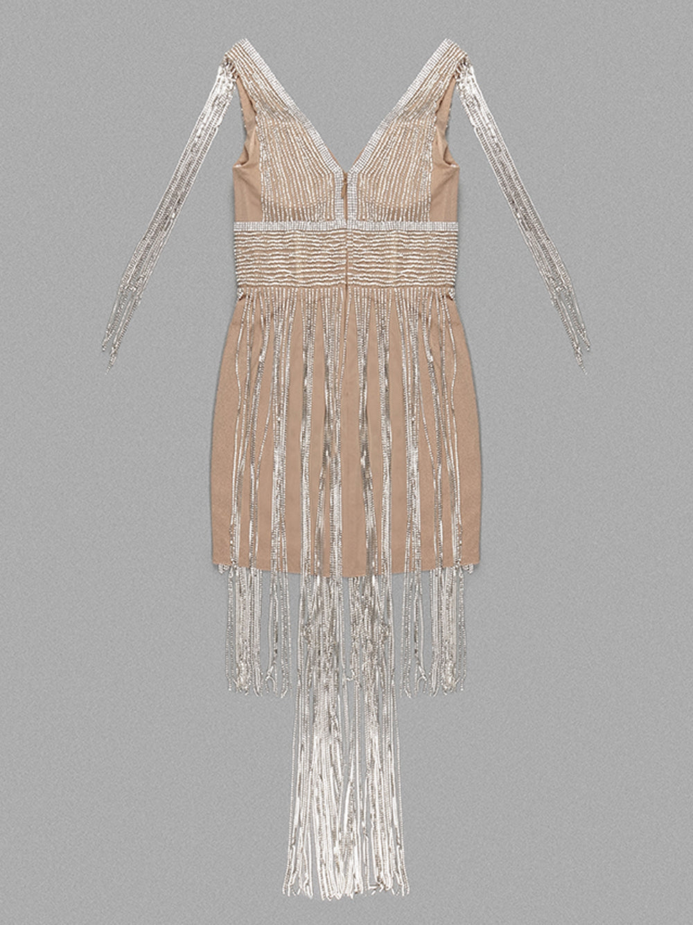 Deep V Neck Rhinestone Beaded Fringe Strap Bodycon Mini Dress