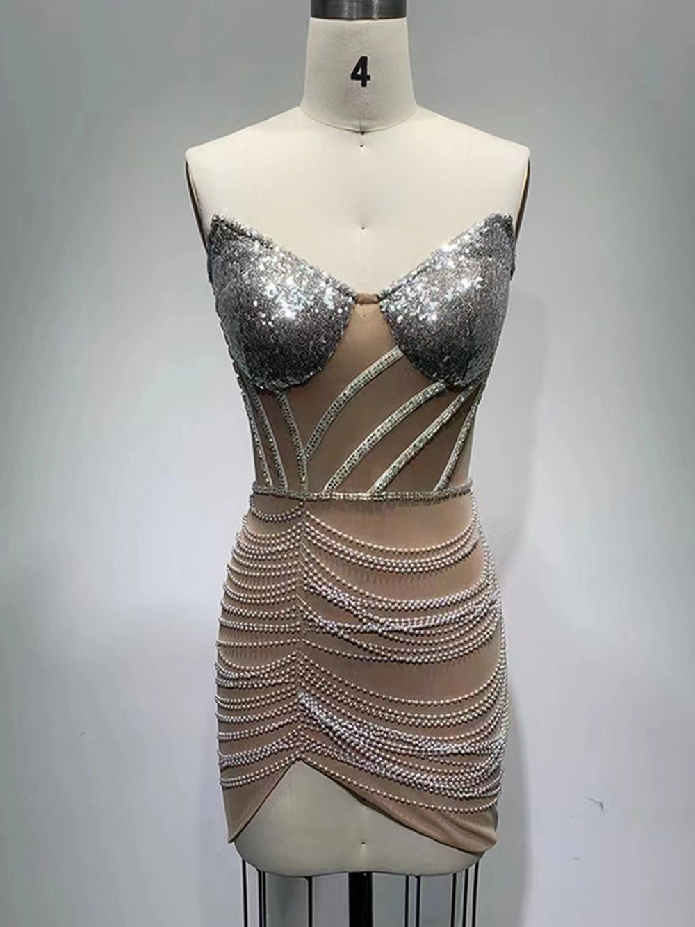 Sweetheart Sequin Bustier Beaded Corset Draped Bead Fringe Tulip Hem Mini Dress