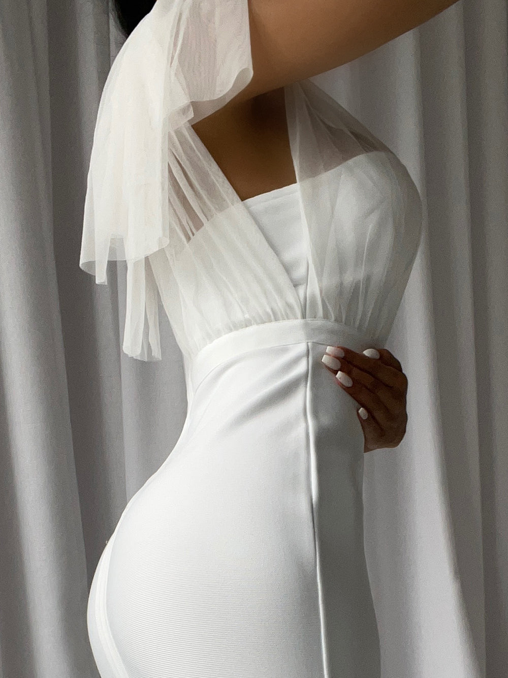 One Shoulder Sweetheart Pleated Tulle Overlay Ruffle Flounce Midi Dress