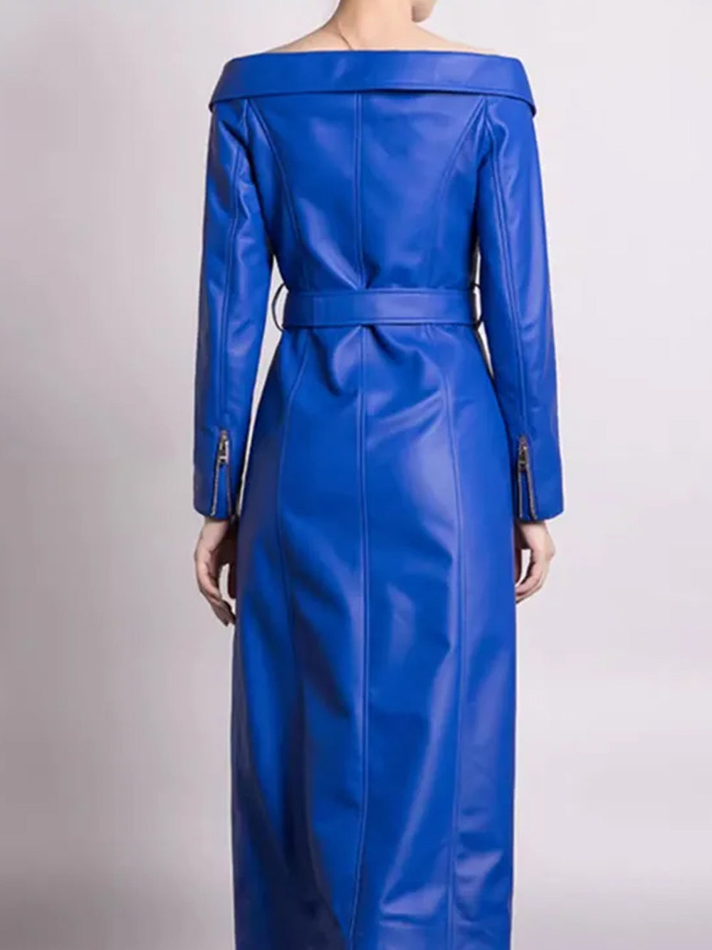Off Shoulder Moto Lapel Zip Detail Belted Faux Leather Maxi Dress