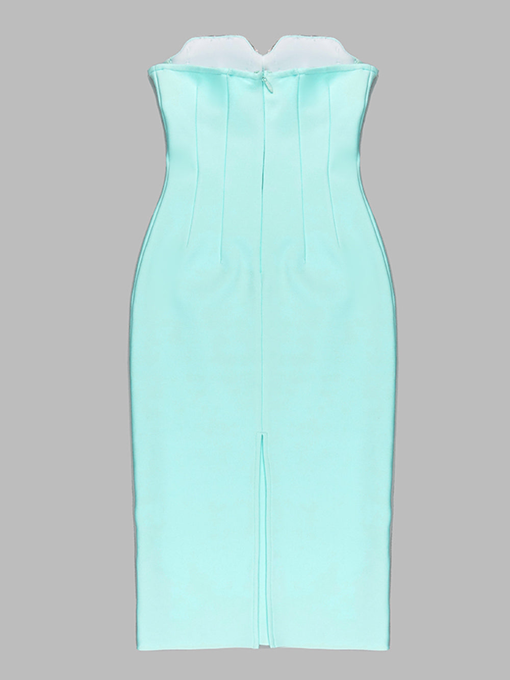 Strapless Spiral Rhinestone Cup Plunging U Neck Bandage Midi Dress