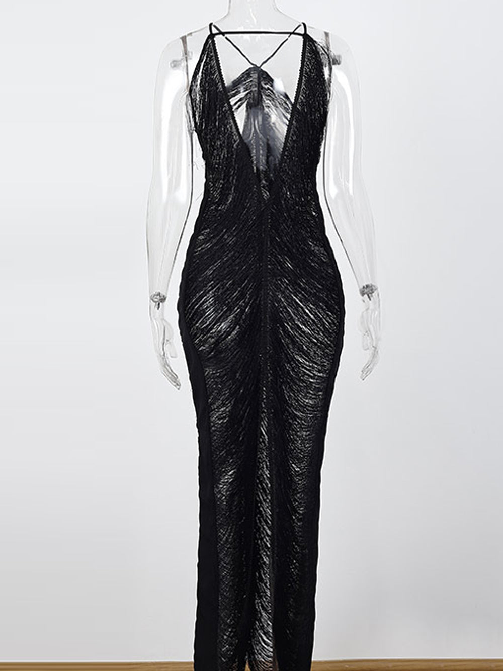 Halter Neck Tassel Fringe Trim High Slit Maxi Dress