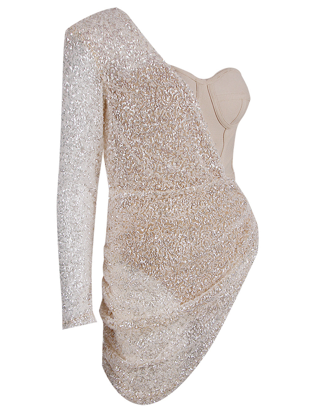 One Shoulder Single Sleeve Sequin Draped Bustier Mini Dress