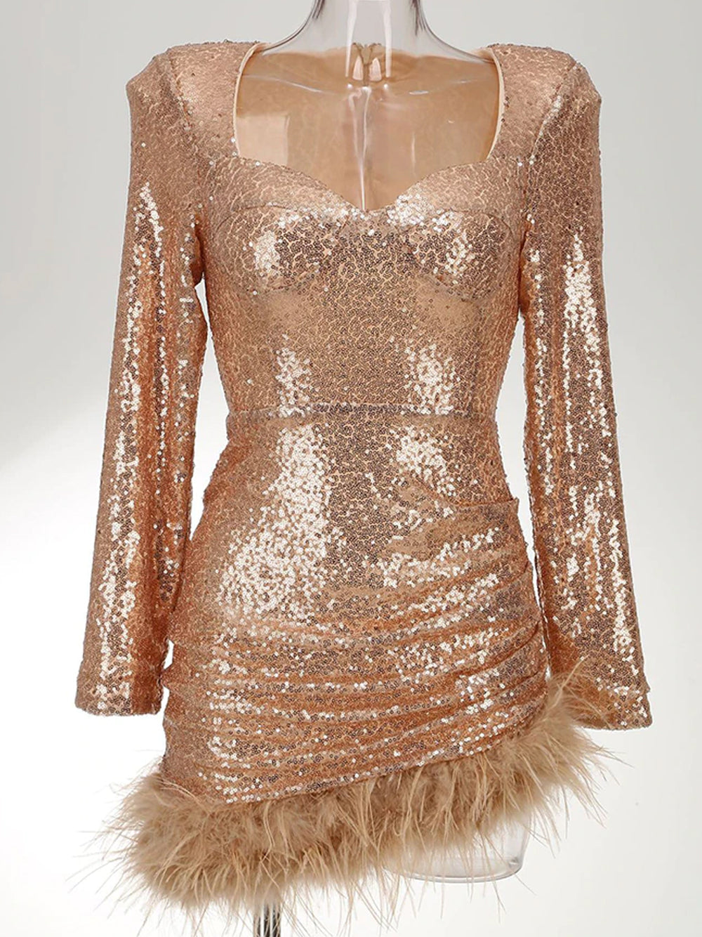 Sweetheart Neck Long Sleeve Sequin Side Ruched Feather Hem Mini Dress