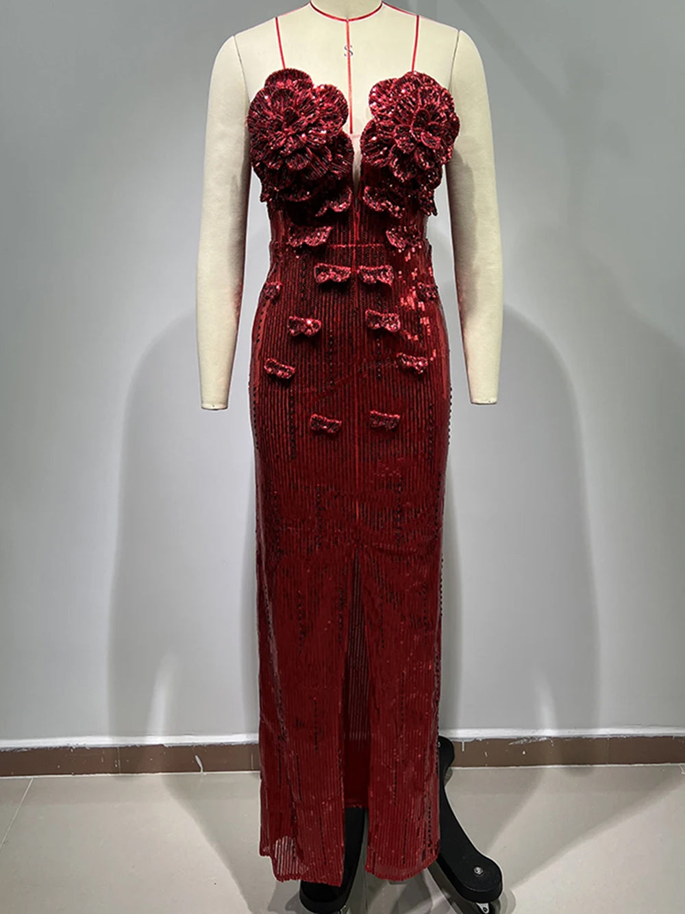 Strapless 3D Floral Rosette Sequin High Slit Maxi Dress