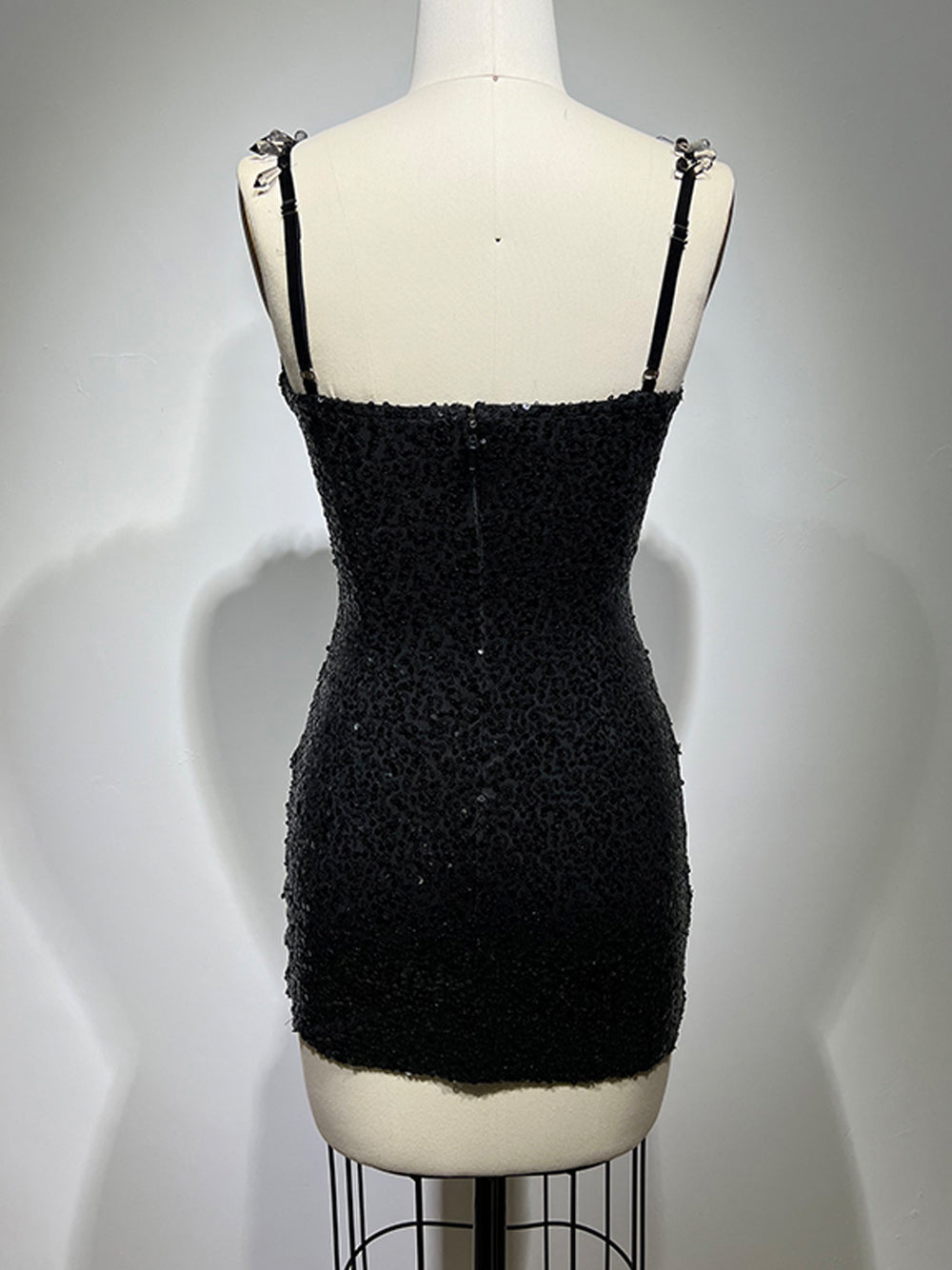 Deep V Neck Rhinestone Trim Corset Mesh Panel Sequin Bodycon Mini Dress
