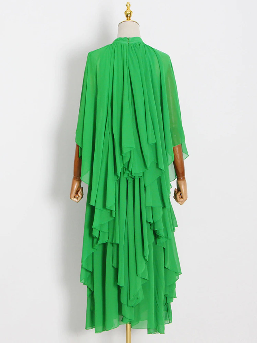 High Neck Pleated Cape Sleeve Tiered Ruffle Chiffon Maxi Dress