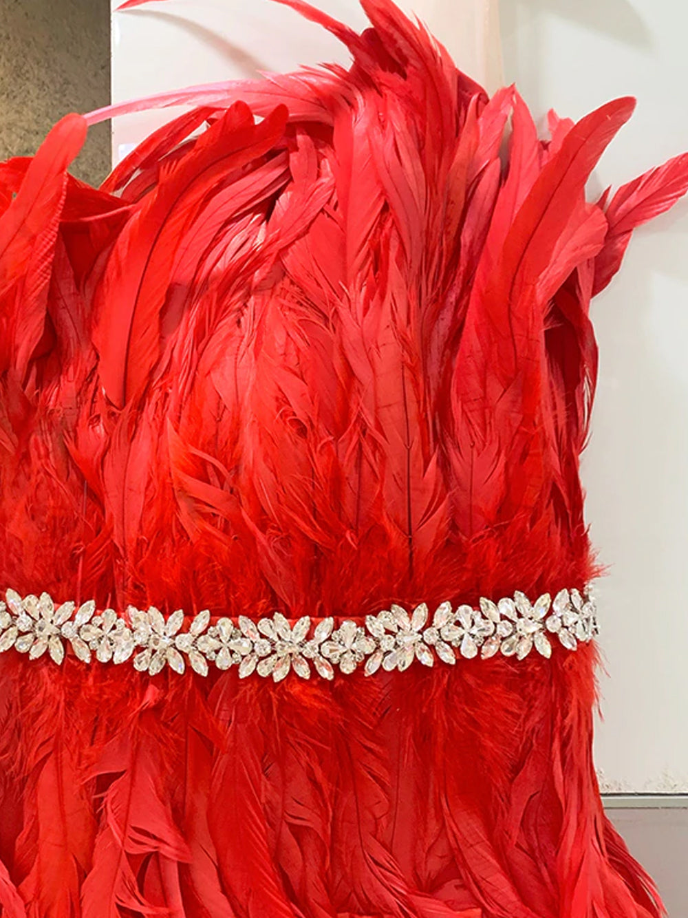 Strapless Asymmetric Feather Trim Mesh Corset Midi Dress